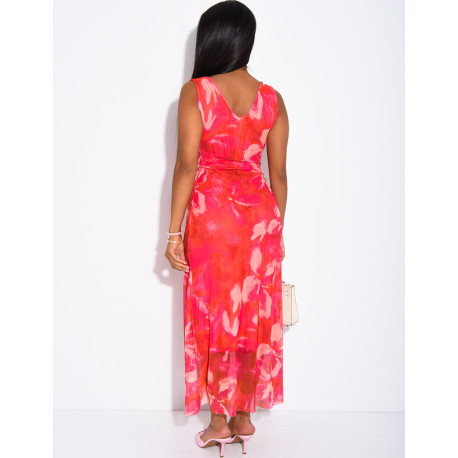Printed mesh dress with a brooch on the shoulder