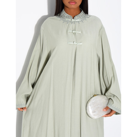 Abaya in Leinenoptik mit Knöpfen im asiatischen Stil am Kragen