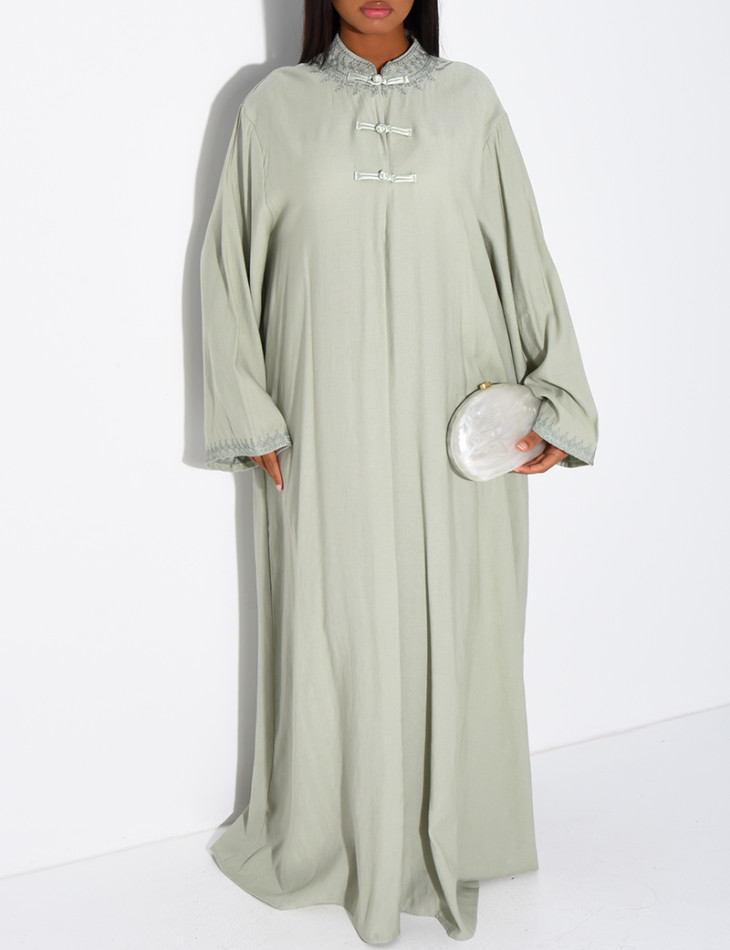 Abaya in Leinenoptik mit Knöpfen im asiatischen Stil am Kragen
