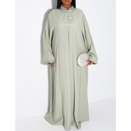 Abaya in Leinenoptik mit Knöpfen im asiatischen Stil am Kragen