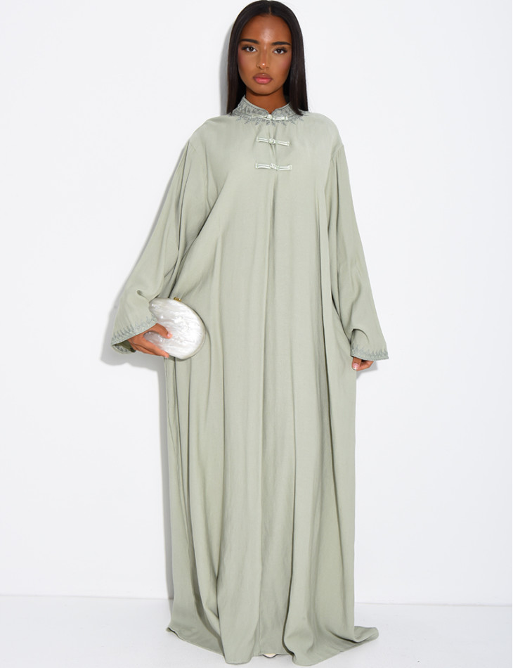 Abaya in Leinenoptik mit Knöpfen im asiatischen Stil am Kragen