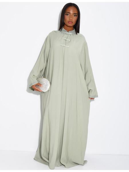 Abaya in Leinenoptik mit Knöpfen im asiatischen Stil am Kragen