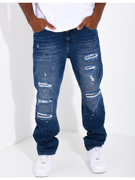 Jeans coupe droite destroy & à tâches de peinture