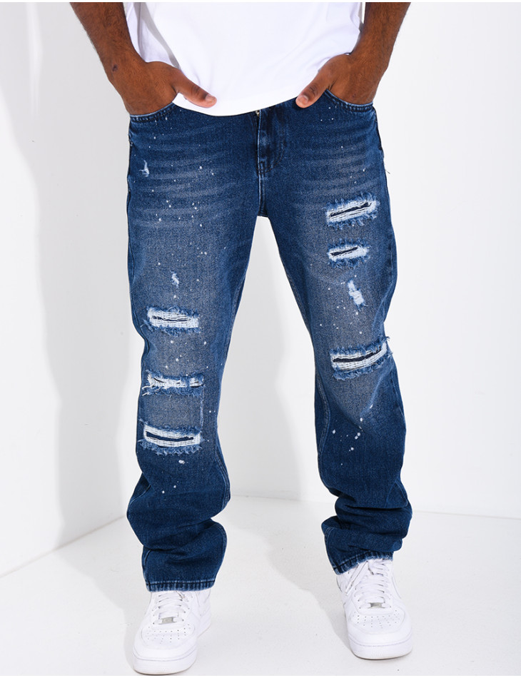 Jeans coupe droite destroy & à tâches de peinture