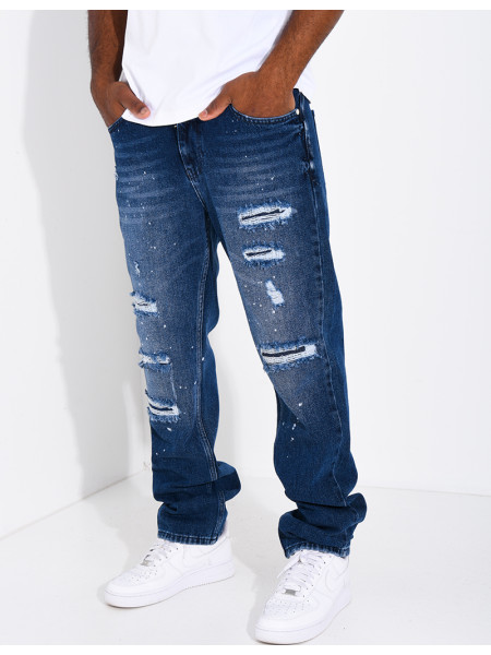 Jeans coupe droite destroy & à tâches de peinture