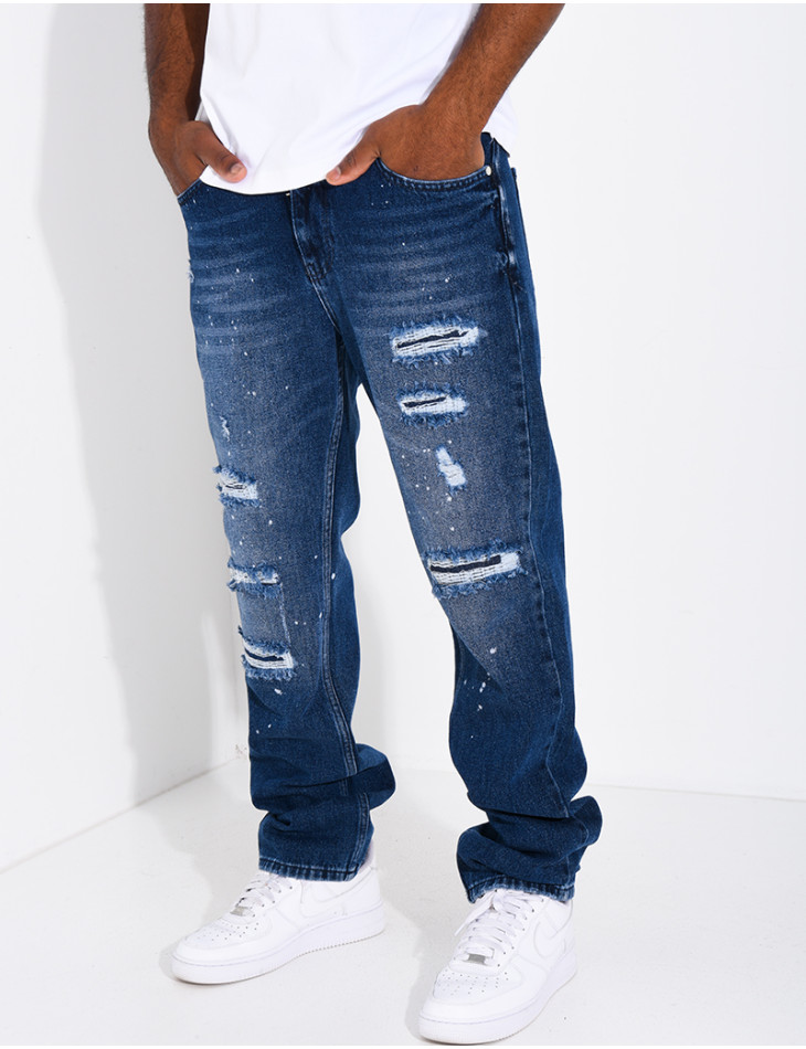 Jeans coupe droite destroy & à tâches de peinture