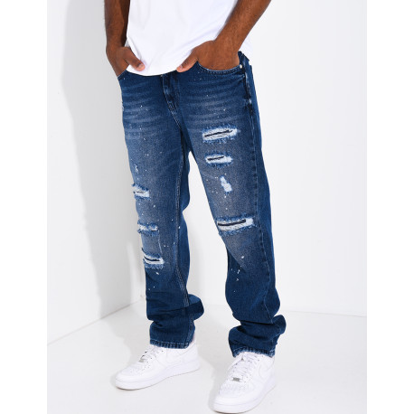 Jeans coupe droite destroy & à tâches de peinture