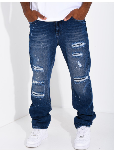 Jeans coupe droite destroy & à tâches de peinture