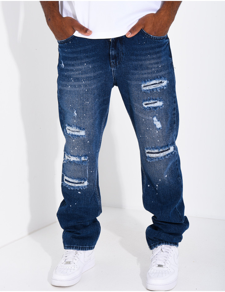 Jeans coupe droite destroy & à tâches de peinture