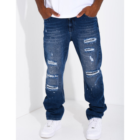 Jeans coupe droite destroy & à tâches de peinture