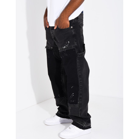Jeans coupe droite à empiècements contrastants & tâches de peinture