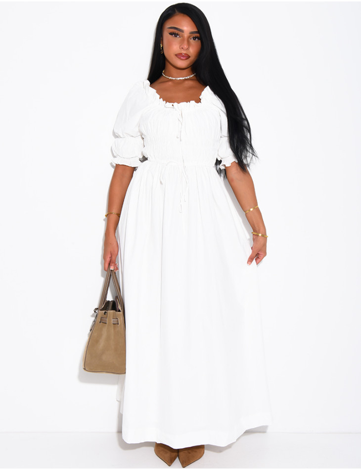 Long dress with short sleeves and a gathered bodice