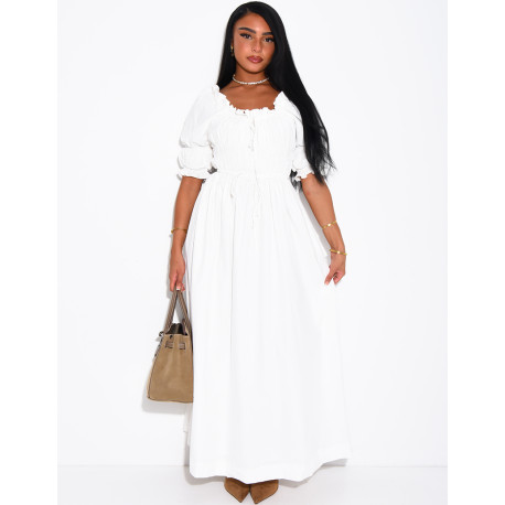 Long dress with short sleeves and a gathered bodice