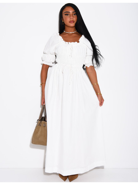 Long dress with short sleeves and a gathered bodice