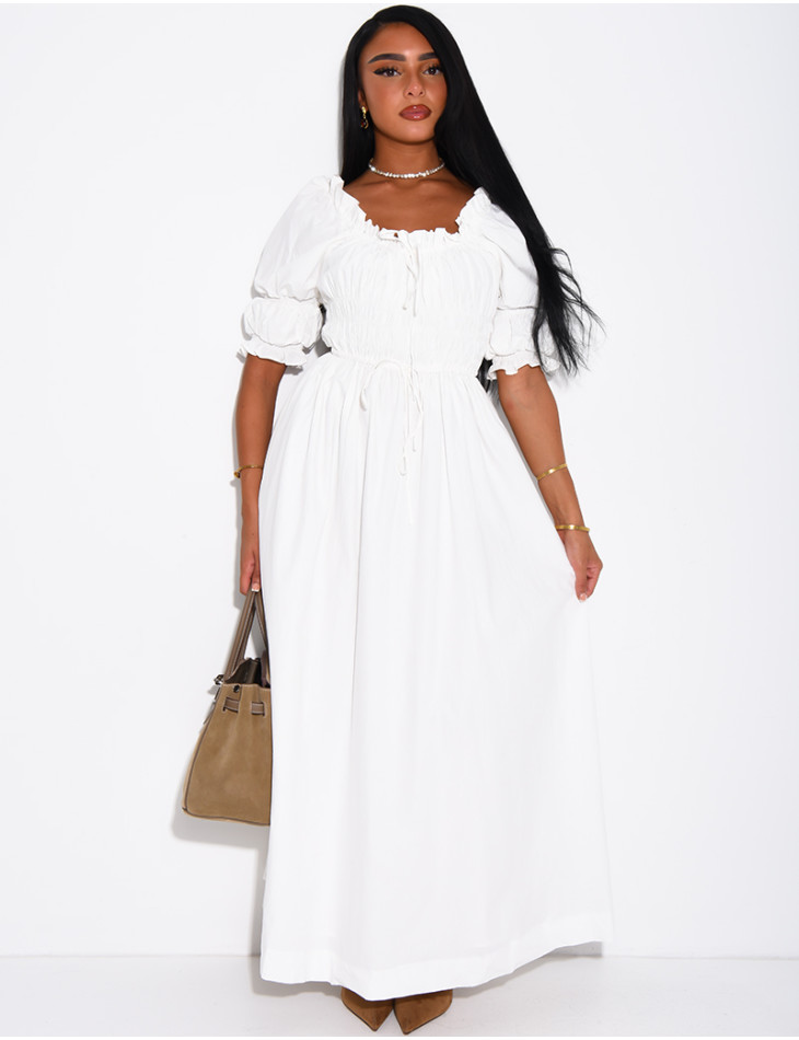 Long dress with short sleeves and a gathered bodice