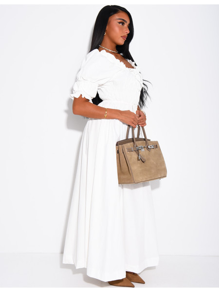 Long dress with short sleeves and a gathered bodice
