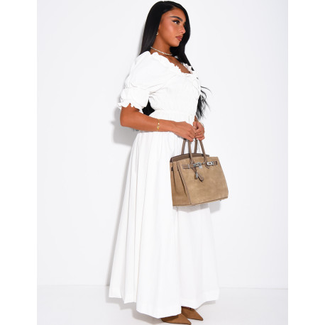 Long dress with short sleeves and a gathered bodice