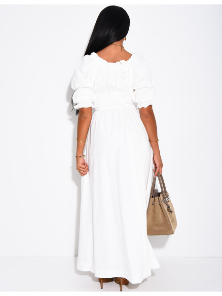 Long dress with short sleeves and a gathered bodice