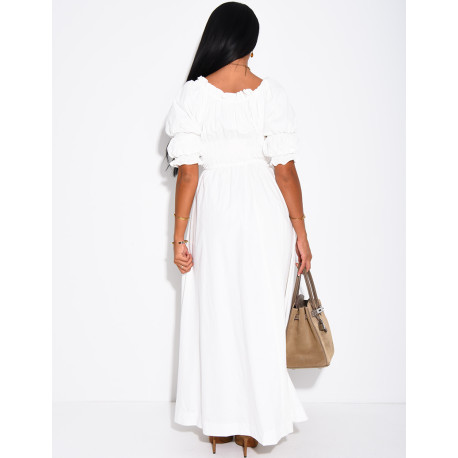 Long dress with short sleeves and a gathered bodice