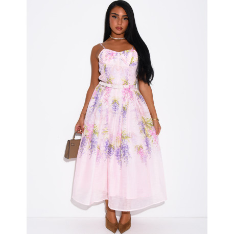 Strapless printed voile dress with matching belt