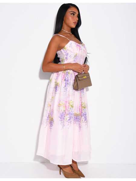 Strapless printed voile dress with matching belt
