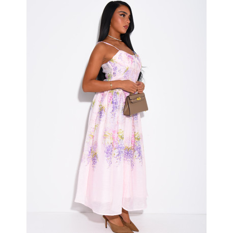 Strapless printed voile dress with matching belt