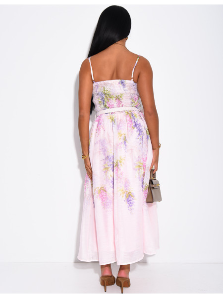 Strapless printed voile dress with matching belt