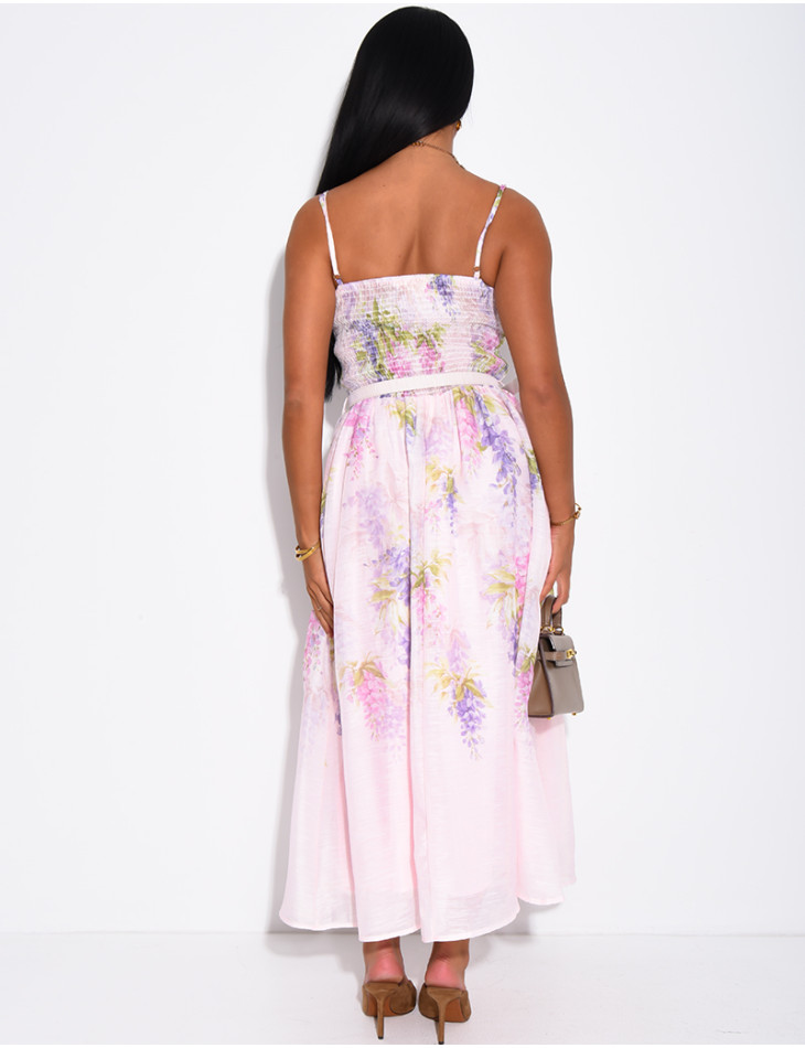 Strapless printed voile dress with matching belt