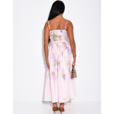Strapless printed voile dress with matching belt