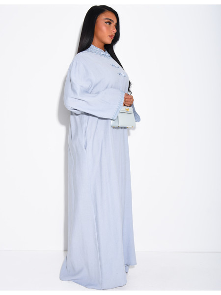 Linen-effect abaya with Asian-style buttons at the collar