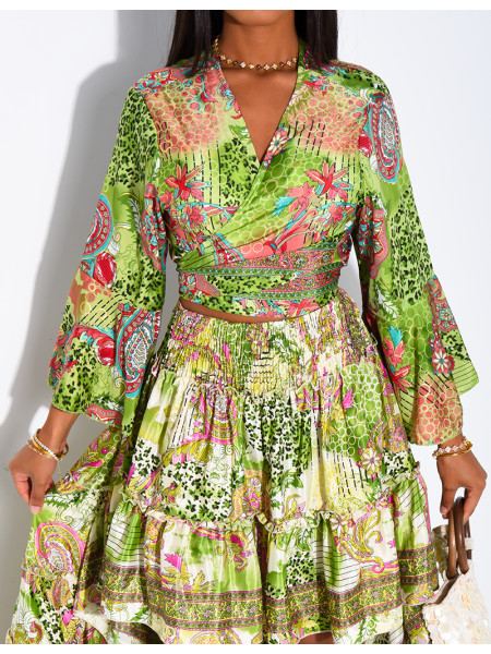 Set featuring an asymmetrical long ruffled skirt and a tie-front top