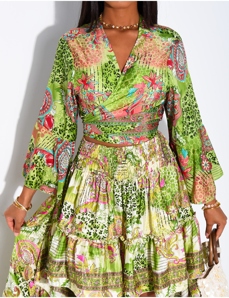 Set featuring an asymmetrical long ruffled skirt and a tie-front top