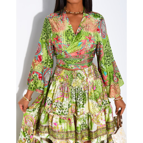 Set featuring an asymmetrical long ruffled skirt and a tie-front top