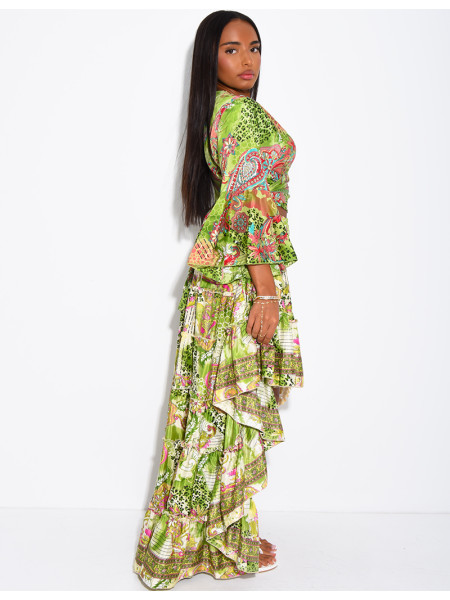 Set featuring an asymmetrical long ruffled skirt and a tie-front top