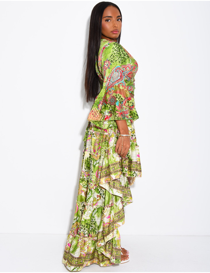 Set featuring an asymmetrical long ruffled skirt and a tie-front top