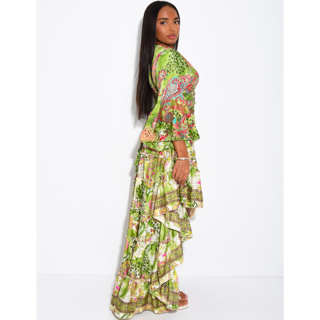 Set featuring an asymmetrical long ruffled skirt and a tie-front top