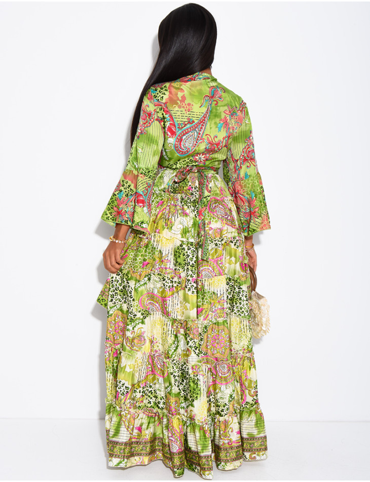 Set featuring an asymmetrical long ruffled skirt and a tie-front top