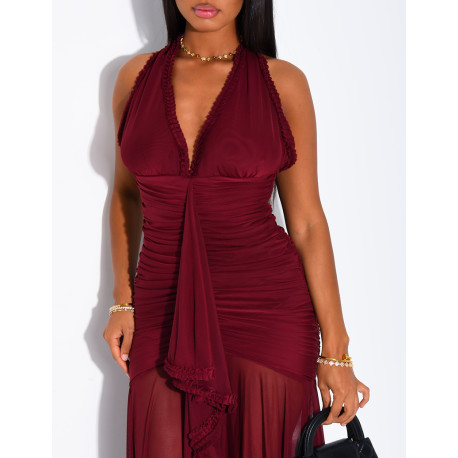 Langes, gerafftes, rückenfreies Kleid mit Rüschen