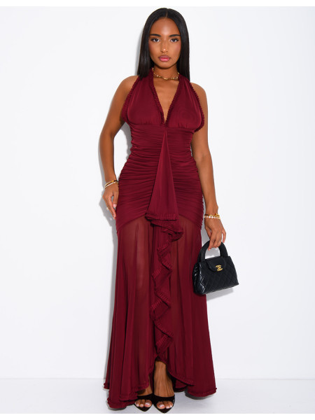 Langes, gerafftes, rückenfreies Kleid mit Rüschen