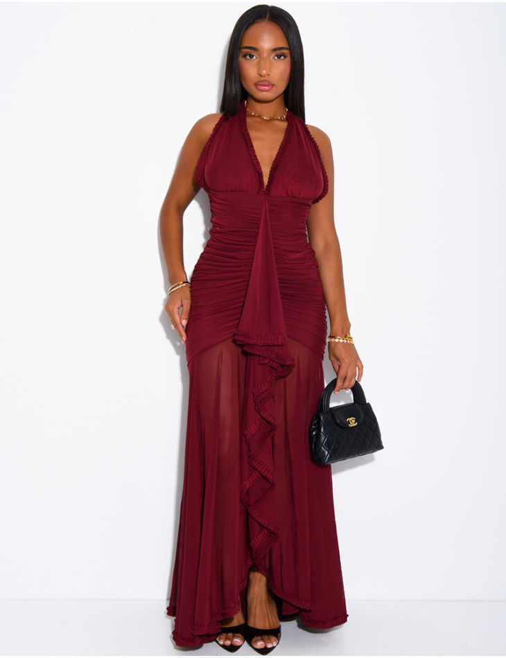 Langes, gerafftes, rückenfreies Kleid mit Rüschen