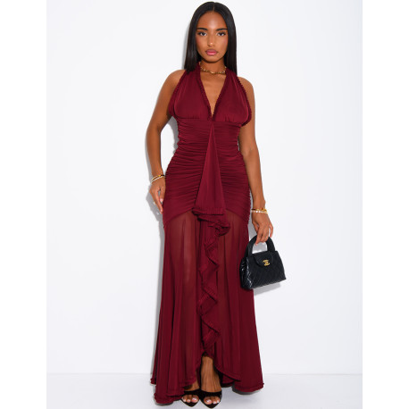 Langes, gerafftes, rückenfreies Kleid mit Rüschen