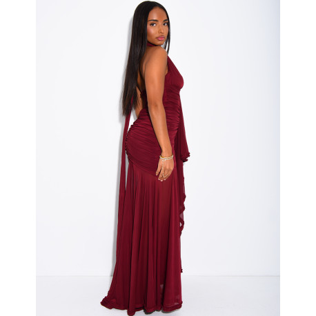 Langes, gerafftes, rückenfreies Kleid mit Rüschen