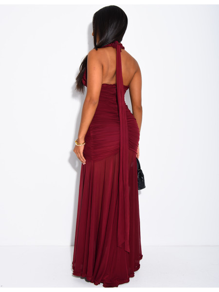 Langes, gerafftes, rückenfreies Kleid mit Rüschen