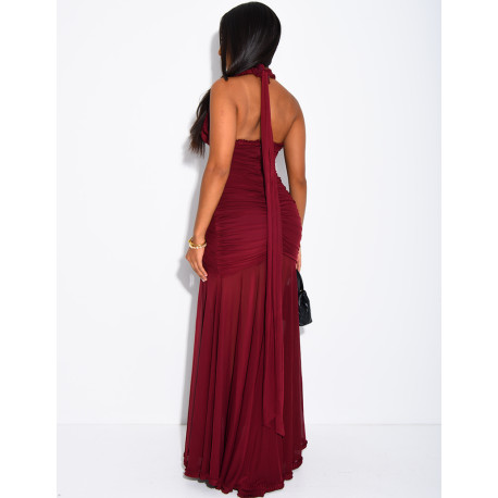 Langes, gerafftes, rückenfreies Kleid mit Rüschen