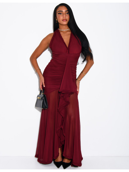 Langes, gerafftes, rückenfreies Kleid mit Rüschen