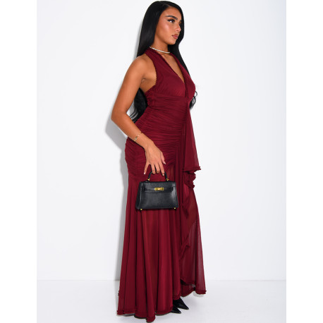Langes, gerafftes, rückenfreies Kleid mit Rüschen