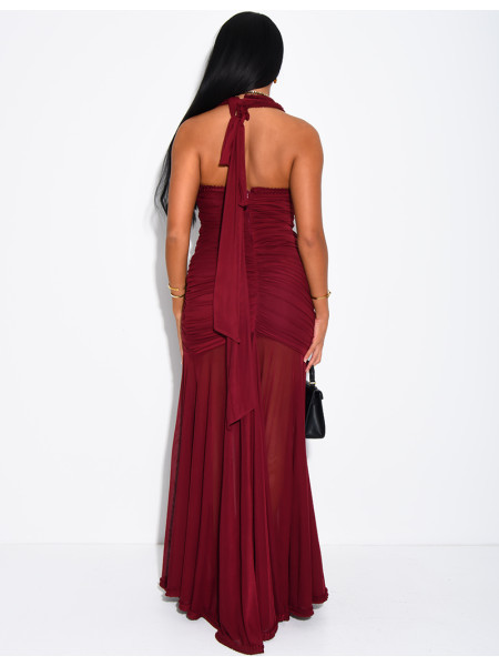Langes, gerafftes, rückenfreies Kleid mit Rüschen