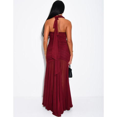 Langes, gerafftes, rückenfreies Kleid mit Rüschen