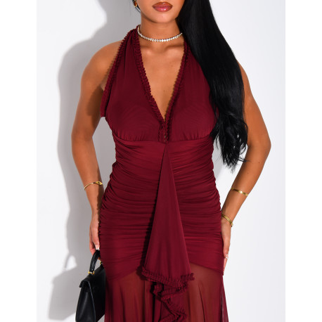 Langes, gerafftes, rückenfreies Kleid mit Rüschen