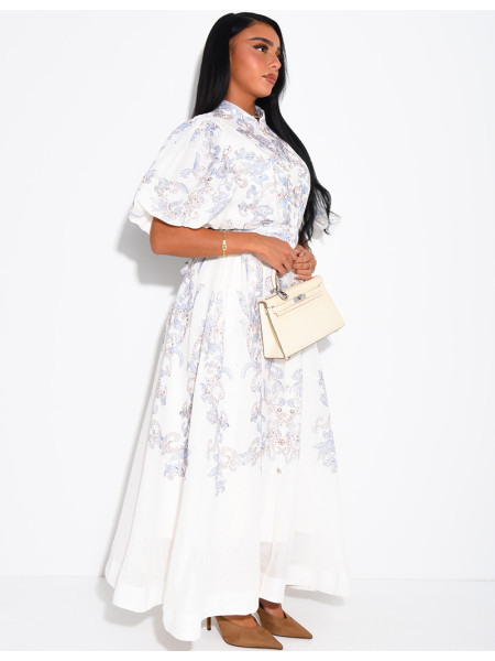 Robe longue en voile doublé imprimé avec boutons fantaisies et ceinture